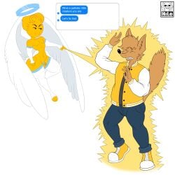 2025 absurd_res angel anthro armwear ass balls black_clothing black_eyes black_nose black_shirt black_t-shirt black_topwear blonde_hair blue_armwear blue_bottomwear blue_clothing blue_elbow_gloves blue_fingerless_gloves blue_gloves blue_handwear blue_legwear blue_pants blue_thigh_highs bottomwear braces brown_body brown_ears brown_fur brown_hair brown_tail canid canine canis chastity_cage chastity_device chat chatting closed_eyes clothed clothing digital_media_(artwork) duo elbow_gloves electric_guitar emoji english_text feathered_wings feathers fingerless_gloves footwear fox fur genitals gloves grin guitar hair half-closed_eyes halo handwear hi_res humanoid insult itsme_hilo jacket legwear letterman_jacket lud_(ludlerenardnsfw) male mammal multicolored_armwear multicolored_clothing multicolored_elbow_gloves multicolored_fingerless_gloves multicolored_footwear multicolored_gloves multicolored_handwear multicolored_legwear multicolored_shoes multicolored_thigh_highs multicolored_topwear musical_instrument narrowed_eyes pants penis plucked_string_instrument shirt shoes signature simple_background small_balls smile standing string_instrument t-shirt tail teeth text text_box thick_thighs thigh_highs topwear two_tone_armwear two_tone_clothing two_tone_elbow_gloves two_tone_fingerless_gloves two_tone_footwear two_tone_gloves two_tone_handwear two_tone_legwear two_tone_letterman_jacket two_tone_shoes two_tone_thigh_highs two_tone_topwear white_armwear white_background white_clothing white_elbow_gloves white_fingerless_gloves white_footwear white_gloves white_handwear white_legwear white_letterman_jacket white_shoes white_thigh_highs white_topwear white_wings wings yellow_body yellow_clothing yellow_footwear yellow_shoes yellow_skin yellow_topwear