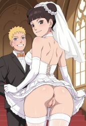 1boy 1girls ai_generated arm_gloves ass ass_focus bare_shoulders before_sex big_ass big_breasts blue_eyes blunt_bangs boruto:_naruto_next_generations bowtie breasts bride brown_eyes brown_hair busty choker church cleavage curvaceous curvy curvy_female curvy_figure double_bun dress_lift earrings female from_behind garter_belt garter_straps gloves grin highres imminent_sex indoors lifted_by_self light-skinned_female light_skin lingerie lipstick looking_at_viewer looking_back makeup mature mature_female milf narugirlshot naruto naruto_(series) no_bra petite pink_lips presenting_ass rear_view revealing_clothes single_hair_bun skimpy skimpy_clothes smile stockings suit_and_tie tenten thighs tied_hair twin_buns uncensored uzumaki_naruto wedding wedding_dress wedding_lingerie wedding_veil white_dress white_lingerie white_skin yellow_hair