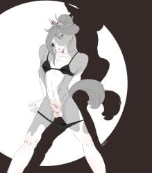 absurd_res anthro balls belly_blush blush body_blush bra clothed clothing confident digital_media_(artwork) equid equine erection femboy fur genitals hair hair_bun hi_res horse humanoid_genitalia humanoid_penis looking_at_viewer male mammal pale_fur panties panties_down partially_clothed penis pose posing_nude simple_background smile solo tail tongue tongue_out underwear underwear_down voidworkafterdark white_body white_fur