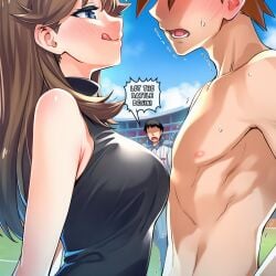 1girls 2boys ai_generated announcer black_dress blue_eyes blue_oak blush brown_hair darklust dress english_text green_(pokemon) licking_lips nude nude_male pokemon pokemon_adventures seductive seductive_look stadium text