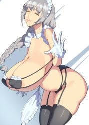 1girls 47_hard areola_slip areolae big_breasts black_thighhighs bottomwear braid braided_hair breast_focus breasts cleavage closed_eyes eyepatch_bikini female female_only garter_belt garter_straps gloves grey_hair hair handwear hanging_breasts hips huge_breasts large_breasts legwear lips maid maid_apron maid_bikini maid_headdress maid_uniform mature mature_female mature_woman milf mother parted_lips solo solo_female thighhighs topwear uzaki-chan_wa_asobitai! uzaki_tsuki white_gloves