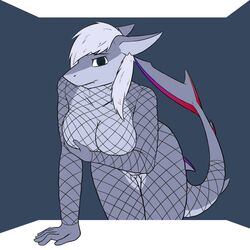 anthro big_breasts biting_lip blue_background blue_eyes blue_skin bodysuit breasts clitoris clothing fade female fish fishnet furry hair half-closed_eyes marine no_pupils nude pussy shark sharp_teeth simple_background solo teeth thermalcake white_hair