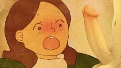 1boy 1girls :o ai_assisted ai_generated belly_button black_eyes blush brown_hair ear edit edited green_jacket long_hair love_is_in_the_small_things lowres open_mouth penis penis_awe pubic_hair puuung1 teeth uncensored veiny_penis white_sweater
