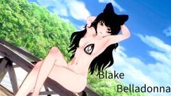 bikini black_hair blake_belladonna breasts bridge cat_smile female hair_bow koikatsu legs_crossed perfect_idiot rwby sitting text yellow_eyes