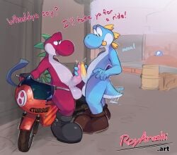 absurd_res anthro balls biped blue_body detailed_background dialogue duo erection frottage genitals green_body hi_res male male/male mario_bros motorcycle multicolored_body nintendo open_mouth penile penis penises_touching red_body roy_arashi sex spikes spikes_(anatomy) tail tail_motion tailwag text tongue vehicle yellow_body yoshi