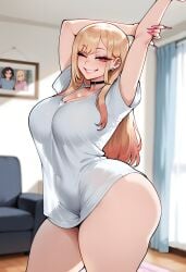 1girls ai_generated arms_up ass bangs bed black_choker blonde_hair blush bracelet breasts choker cleavage clothing couch covered_navel curtains curvaceous curvaceous_female curvaceous_figure curvy curvy_figure dreamcoreart ear_piercing earrings female female female_focus female_only fingernails gradient_hair grin gyaru huge_ass huge_breasts indoors inviting inviting_to_sex jewelry kitagawa_marin large_breasts long_fingernails long_hair looking_at_viewer multicolored_hair nail_polish one_eye_closed original phone piercing pink_nails presenting presenting_ass presenting_breasts presenting_hindquarters presenting_self red_eyes seductive seductive_look seductive_smile see-through_silhouette shirt short_sleeves smile solo sono_bisque_doll_wa_koi_wo_suru stretching t-shirt thick_thighs thighs voluptuous voluptuous_female white_shirt wide_hips window wink