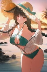 1girl 1girls ai_generated aiart_fring animal_ears ass bangs bare_shoulders beach bikini black_hair blunt_bangs braid breasts cleavage cowboy_shot female fox_ears fox_girl hat hoshimi_miyabi large_breasts long_hair looking_at_viewer o-ring ocean outdoors parted_lips red_eyes solo straw_hat swimsuit tagme thick_thighs thigh_gap twin_braids zenless_zone_zero