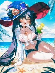 :d absurd_res adapted_costume ai_generated alternate_breast_size alternate_costume aqua_eyes arm_support ass_visible_through_thighs asymmetrical_bangs bare_legs beach bikini bikini_under_clothes black_bikini black_choker black_hair black_ribbon blue_eyes blue_hair blue_headwear blue_shorts blue_sky blush bow breasts choker cleavage cloud cloudy_sky cocktail cocktail_glass collarbone collared_shirt crescent crescent_hat_ornament criss-cross_halter crop_top cup cutoffs dark_blue_hair day denim denim_shorts drink drinking_glass drinking_straw earrings female food front-tie_bikini_top front-tie_top fruit fruit_hat_ornament genshin_impact green_eyes grey_eyes hair_between_eyes hair_ornament hair_ribbon hairbow halterneck hand_up hat hat_ornament highleg highleg_bikini holding holding_cup holding_drink horizon ice ice_cube jewelry large_breasts leaning_to_the_side legs lemon lemon_slice lime_(fruit) long_hair long_sleeves looking_at_viewer low-tied_long_hair medium_breasts micro_shorts midriff ministro mona_(genshin_impact) nail_polish navel necklace ocean open_clothes open_fly open_mouth open_shirt open_shorts orange_(fruit) orange_slice outdoors palm_leaf palm_tree pendant pineapple pinky_out purple_headwear ribbon sand seashell see-through see-through_shirt shell shell_necklace shirt shore short_shorts shorts side-tie_shirt sidelocks sitting sky smile solo sparkle_print star_(symbol) star_choker star_earrings star_hair_ornament star_hat_ornament starfish stomach string_bikini summer sunlight swimsuit teeth thigh_gap thighlet thighs tied_shirt tongue tree tropical_drink twintails upper_teeth_only very_long_hair water water_drop wet wet_clothes wet_shirt white_shirt witch_hat yokozuwari