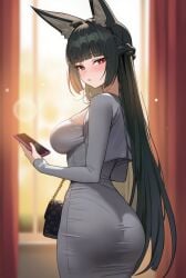 1girl 1girls ai_generated aiart_fring animal_ear_fluff animal_ears ass bag bangs big_ass big_breasts black_hair blunt_bangs blurry blurry_background blush braid breasts cellphone chinese_commentary clothing commentary cropped_jacket curtains dongtan_dress dress fox_ears fox_girl french_braid from_behind grey_dress grey_jacket handbag highres holding holding_phone hoshimi_miyabi jacket large_breasts long_hair long_sleeves looking_at_viewer looking_back model_request pantylines parted_lips pencil_dress phone red_eyes smartphone solo tagme taut_clothes taut_dress thick_thighs tight tight_dress very_long_hair zenless_zone_zero