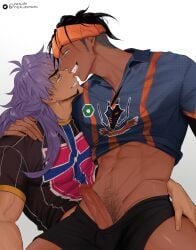 2boys abdomen abs big_penis black_hair blue_eyes boxer_briefs boxers boxers_(clothing) dark-skinned_male dark_skin dick ear_piercing earrings gay holding_partner leon_(pokemon) long_hair male male/male male_focus male_only muscles nekido penis pokemon pokemon_ss ponytail pubes pubic_hair purple_hair raihan_(pokemon) shirt shirt_up smiling_at_partner smirk smirking uniform vein veins veiny veiny_muscles veiny_penis white_background yaoi yellow_eyes