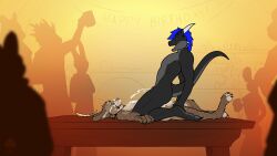 akor anal anal_orgasm anal_sex anthro aroused balls banner birthday_gift birthday_party bodily_fluids chastity_cage chastity_cage_only chastity_device chastity_device_only cowgirl_position crowd cum cum_on_balls cum_on_body cum_on_chest cum_on_face cum_while_chaste drag01 dragon duo ejaculation fek felid feline from_front_position furniture genital_fluids genitals group hands-free hi_res male male/male mammal mythological_creature mythological_scalie mythology nude on_bottom on_table on_top orgasm penetration penile penile_penetration penis_in_ass public public_nudity public_sex scalie sex silhouetted_body table tail wearing_chastity_cage wearing_chastity_device