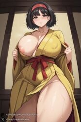 1female 1girls 2025 ai_generated alternate_breast_size artist_name bangs big_breasts big_thighs black_eyes black_hair blush breasts cleavage closed_mouth collarbone covered_nipples curvy erika_(pokemon) female gym_leader hairband hi_res high_quality high_resolution highres huge_breasts huge_thighs indoors japanese_clothes kimono large_breasts looking_at_viewer nipple_slip nipples no_bra one_breast_out panties patreon patreon_username pokemon pokemon_hgss pokemon_rgby red_hairband sash short_hair solo standing sweat thick_thighs thighs underwear unjobdespiert watermark white_panties wide_sleeves yellow_kimono