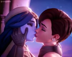 2girls 3d blender blue_hair blue_skin brown_hair close_up closed_eyes clothed clothing female female_only formal_wear formalwear_tracer fully_clothed hand_on_face kissing lesbian_couple lesbian_kiss overwatch overwatch_2 purple_skin rawgum self_upload short_hair tagme tongue_kiss tracer widowmaker winter_chic_widowmaker winter_clothes yuri yuri