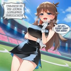 1girls ai_generated announcer arm_under_breasts black_dress blue_eyes brown_hair darklust dress english_text gloves green_(pokemon) looking_at_viewer pokemon pokemon_adventures pussy_juice speech_bubble stadium text wet_pussy