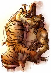 anthro beard closed_eyes duo facial_hair father father_and_son feline flaccid half-closed_eyes hand_holding hand_on_hip hybrid incest kissing liger male mammal nipples parent penis requiembeatz son tiger tongue tongue_out topknot trio_(character) yaoi yin_(character)