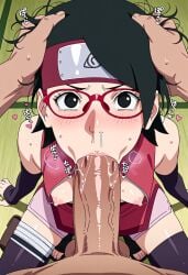 ai_generated akaz123 black_eyes black_hair blowjob blowjob_face blush boruto:_naruto_next_generations brown_penis clothing deep_blowjob deepthroat drooling glasses hands_on_head heart_symbol horny_female large_penis messy_hair naruto naruto_(series) oral_sex sarada_uchiha shocked_expression short_hair shorts small_breasts snot snot_trail steaming_body steamy_breath stockings surprised_expression sweaty_body sweaty_breasts thick_penis uchiha_sarada uncensored vacuum_blowjob vacuum_fellatio veiny_penis