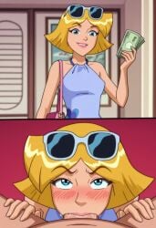 1boy 1girls ai_generated blonde_hair blowjob blue_eyes blush blush cartoon clover_(totally_spies) deepthroat fellatio female light-skinned_female light_skin male money oral oral_sex prostitution short_hair sunglasses sunglasses_on_head totally_spies