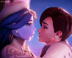 2girls 3d after_kiss blender blue_hair blue_skin brown_hair close_up closed_eyes clothed clothing female female_only formal_wear formalwear_tracer fully_clothed hand_on_face kissing lesbian_couple lesbian_kiss overwatch overwatch_2 purple_skin rawgum saliva saliva_string saliva_trail self_upload short_hair tagme tongue_kiss tongue_out tracer widowmaker winter_chic_widowmaker winter_clothes yuri yuri