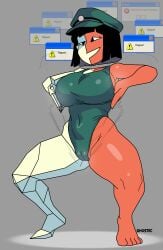 barefoot black_hair brainwashing breasts cameltoe cap collarbone crossed_eyes ena ena:dream_bbq ena_(character) ena_(dream_bbq) ena_(series) english_text feet female_only femsub floating_head ghostec grey_background haigure happy_trance hat huge_breasts hypnosis joel_g large_breasts leotard mind_control multicolored_body navel red_skin short_hair signature simple_background smile solo speech_bubble standing steam straight-cut_bangs text thick_thighs white_skin wide_hips