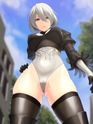 ass_visible_through_thighs blue_eyes blurry breasts cloud day depth_of_field female from_below gloves large_breasts leotard no_blindfold short_hair silver_hair sky solo thighhighs yorha_no._2_type_b
