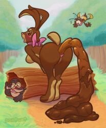 adjusting_glasses ambiguous_gender antennae_(anatomy) anthro anus arthropod artist_name ass bee blush breasts brown_body brown_eyes brown_fur cadbury cadbury_bunny candy_scat dirt enjoying_the_go eulipotyphlan eyebrows eyewear featureless_breasts feces feces_on_ground feces_pile female female_pooping forest forest_background fur genitals glasses grass group half-closed_eyes hymenopteran insects lagomorph leporid log long_ears mammal mascot mole_(animal) narrowed_eyes nature nature_background nude nude_anthro nude_female open_mouth pink_ribbon plant pooping_on_floor pussy rabbit raised_eyebrows raised_tail scat scatplay scut_tail scxtcat short_tail stinger tail tan_body tan_fur teeth text tongue tongue_out tree trio unusual_feces vulva wearing_glasses wings wood