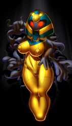 2015 anthro anthrofied breasts cofagrigus coffin egyptian elpatrixf female gold_(metal) golden_nipples headdress multi_arm multi_limb nintendo nipples pokemon pokemorph pussy red_eyes red_sclera sarcophagus solo standing teeth wide_hips