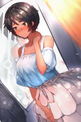 bandage bandage_on_nose black_hair blush dress embarrassed fancy_dress mirror ribbon ruff short_black_hair short_hair tanned_skin tomboy white_dress