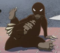 4_toes anthro anus balls brick_floor brown_body cjk_character eulipotyphlan feet fizzpop flaccid genitals ground_dragon_(one-punch_man) hi_res looking_at_viewer male mammal mole_(animal) nude on_ground one-punch_man one_(manga) penis presenting signature sitting solo spread_legs spreading tail text text_on_body toes whiskers