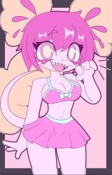 anthro axolotl big_breasts bra cute exposed_breasts female female_only gold_eyes long_tail looking_at_viewer mandoy1o1 not_porn pink_body pink_hair safe skirt thick_thighs vitzy_(vitzypie)