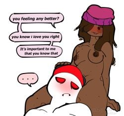 1boy 1boy1girl 1girl1boy 1girls after_care after_sex aftercare bite_mark bite_marks block_tales blush brown_skin female freckles griefer_(block_tales) ha534076 kyoko_(block_tales) lowres male nude nude_female roblox roblox_game robloxian tagme