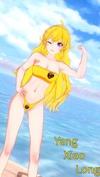 1girls 3d big_breasts bikini blonde_hair breasts busty cleavage female flexing_bicep koikatsu large_breasts navel perfect_idiot purple_eyes rwby smile smiling teeth text thong_bikini voluptuous wink yang_xiao_long