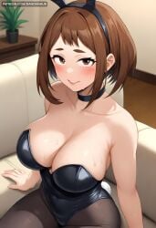 ai_generated animal_ears bangs bare_shoulders black_choker black_hairband black_leotard black_pantyhose blush boku_no_hero_academia breasts brown_eyes brown_hair bunnysuit choker cleavage collarbone couch covered_navel dandanhub fake_animal_ears fake_tail female hairband indoors large_breasts leotard looking_at_viewer my_hero_academia ochako_uraraka on_couch pantyhose parted_lips plant playboy_bunny potted_plant rabbit_ears rabbit_tail short_hair sidelocks sitting smile solo strapless strapless_leotard sweat tail uraraka_ochako