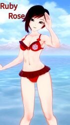 beach bikini black_hair breasts female koikatsu perfect_idiot red_bikini ruby_rose rwby silver_eyes smiling swimsuit text