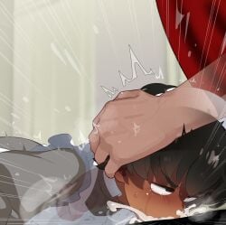 1boy absurdres black_hair commentary_request cum cum_overflow dark-skinned_female dark_skin fellatio female gundam gundam_gquuuuuux highres irrumatio maid maid_headdress male mizumizuni oral penis short_hair straight vani_(gundam)