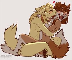 2015 anthro blonde_hair blush breasts brown_fur canine cute female fox fur hair happy heart kero_tzuki kissing lotus_position mammal nude on_lap orange_eyes sex sitting sitting_on_lap smile wolf yuri