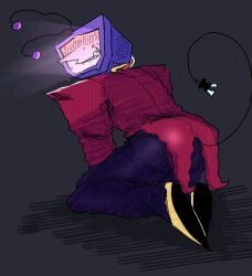 1boy braces clothed deltarune deltarune_chapter_3 digital_art digital_drawing_(artwork) digital_media digital_media_(artwork) embarassed embarassed_male fully_clothed looking_at_viewer looking_back looking_over_shoulder male robot robot_boy screen_face showing_ass solo solo_focus solo_male sweating tail_up tenna_(deltarune)