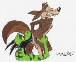 2025 anal anthro anus balls biped brown_body canid canine canis coyote dragon duo genitals green_body looney_tunes male male/male mammal mythological_creature mythological_scalie mythology oral rear_view rimming scalie sex signature simple_background traditional_media_(artwork) warner_brothers white_background wile_e._coyote zaeryn zaeryn_(character)
