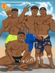 2025 5boys armpit_hair bara beach black_hair blonde_hair buzz_cut censored erection gay hirosuke_(pixiv96644272) male male_only muscular nipples original pubic_hair tagme tan_skin tanline