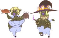 absurd_res armwear balls big_balls big_breasts big_bulge big_penis blonde_hair breasts bulge candle choker cleavage_cutout clothed clothing cock_sock colored_fire cooked_food cutout desbjust duo ear_piercing ear_ring fire footwear foreskin fur_collar genitals goblin green_body green_eyes green_hair gynomorph hair hat headgear headwear hi_res huge_balls huge_breasts huge_cock humanoid hyper hyper_balls hyper_breasts hyper_genitalia hyper_penis intersex jewelry leggings legwear lips looking_at_viewer magic maid_uniform necklace nipple_outline nipples penis penis_clothing piercing pointy_ears purple_eyelids purple_fire purple_lips ring ring_piercing shoes short_stack skimpy socks spee'nuf_(desbjust) tankard thick_lips thick_thighs uniform vez'eel_(desbjust) witch_hat yellow_sclera