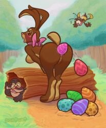 adjusting_glasses ambiguous_gender antennae_(anatomy) anthro anus arthropod artist_name ass bee blush breasts brown_body brown_eyes brown_fur cadbury cadbury_bunny dirt easter egg egg_from_ass eulipotyphlan eyebrows eyewear featureless_breasts female forest forest_background fur genitals glasses grass group half-closed_eyes holidays hymenopteran insects lagomorph leporid log long_ears mammal mascot mole_(animal) narrowed_eyes nature nature_background nude nude_anthro nude_female open_mouth oviposition pink_ribbon plant pussy rabbit raised_eyebrows raised_tail scut_tail scxtcat short_tail stinger striped_body stripes tail tan_body tan_fur teeth text tongue tongue_out tree trio vulva wearing_glasses wings wood