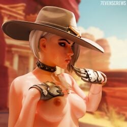 3d 3d_(artwork) 7evenscrews arm_tattoo ashe_(overwatch) beauty_mark black_nails breasts collar cowboy_hat desert female gloves hat hot nail_polish nipples overwatch partially_clothed red_eyes spiked_collar sunlight sweat sweaty sweaty_body sweaty_breasts tattoo undercut white_hair