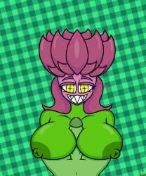 big_breasts big_breasts boobjob breasts female green_body green_penis leshadow08 monster_girl nipples oc original_character plant plant_girl precum smile smiley_face theyisus55 yellow_eyes