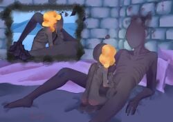 2025 5_fingers ass balls big_penis blowjob blush dark-skinned_female dark-skinned_male dark_skin jamу lava_hair no_face on_bed red_ass ribbon ribs smaller_female the_hole,_story_in_emojis wither_kissel