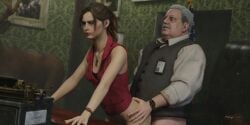 1boy 1girls 3d 3d_(artwork) 3d_model blush brian_irons capcom claire_redfield doggy_style embarrassed female light-skinned_female light-skinned_male light_skin male office office_sex ponytail pussy resident_evil resident_evil_2 resident_evil_2_remake sex vaginal_sex watch