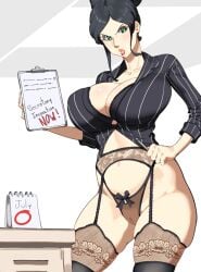 1girls 47_hard big_breasts black_hair black_panties black_thighhighs breasts cameltoe cleavage clipboard english english_text female female_only garter_belt garter_straps green_eyes hair hips holding_object holding_pen huge_breasts lace lace-trimmed_garter_belt lace-trimmed_panties lace-trimmed_thighhighs lace_trim legwear lingerie lips nico_robin office_clothing office_lady one_piece panties pen post-timeskip pussy solo solo_female text thick_thighs thighhighs thighs