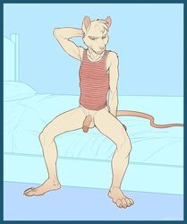 1boy anthro balls bed biscuit_(character) bottomless closed_eyes clothed clothing flaccid half-dressed hand_behind_head humanoid_penis male male_only mammal penis rat rodent shirt sitting solo spread_legs spreading superslickslasher tank_top