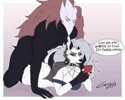 1boy 1girls annoyed anthro arty_(ascendedarty) ass avian big_ass big_breasts bird bottomless bottomless_female breasts canid canine canis corvid crop_top demon demon_girl dialogue duo electronics female from_behind_position furry goth goth_girl grey_body grey_fur grey_hair gwizzly hellaverse hellhound helluva_boss interspecies long_hair loona_(helluva_boss) male male/female mammal notched_ear on_phone oscine passerine phone prone_bone_position red_sclera sex spiked_collar tagme tail two_tone_body two_tone_fur two_tone_tail uninterested uninterested_sex white_body white_eyes white_fur wolf wolf_girl