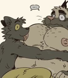 2025 anthro anthro_on_anthro areola bara belly big_bulge big_muscles big_pecs bodily_fluids bulge canid canine canis caught_in_the_act clothed clothing domestic_cat domestic_dog duo ellipsis emanata erection erection_under_clothing eyebrows felid feline felis frown fur grey_background hug huge_muscles javacatdotio looking_at_viewer male male/male mammal musclegut muscles muscular muscular_anthro muscular_male nipple_fetish nipple_play nipple_suck nipples pecs saliva saliva_on_nipples saliva_on_tongue santiago_(javacatdotio) simple_background size_difference smile speech_bubble sucking sweat sweatdrop tongue tongue_out topless topless_anthro topless_male tuft underwear underwear_only whiskers wide_eyed yaoi