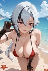 1girls 2025 ai_generated arlecchino_(genshin_impact) beach big_breasts black_arms black_eyes breasts day female female_only genshin_impact hi_res high_quality high_resolution highres huge_breasts larry7 light-skinned_female micro_bikini red_bikini red_nails skindentation solo stable_diffusion thighs two_tone_hair very_long_hair white_hair x-shaped_pupils