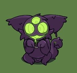 3_eyes balls blush bodily_fluids collar collar_ring drooling flaccid genitals glowing glowing_eyes goo_creature green_background green_blush green_teeth hypnosnack kipper_(hypnosnack) latex latex_creature living_latex living_tail looking_at_viewer multi_eye penis saliva sharp_teeth simple_background small_penis solo tail tail_mouth teeth unusual_anatomy unusual_tail vermin_(hypnosnack)